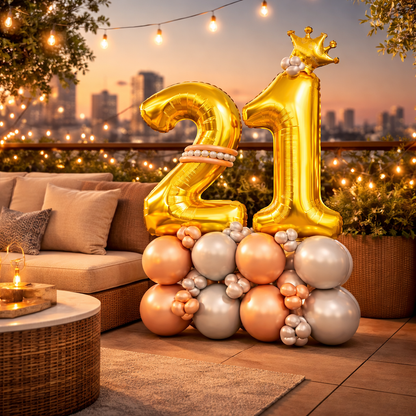 Signature 21st Birthday Large Golden Air Filled Balloon Bouquet Arrangement with Rose Gold & Silver Balloons