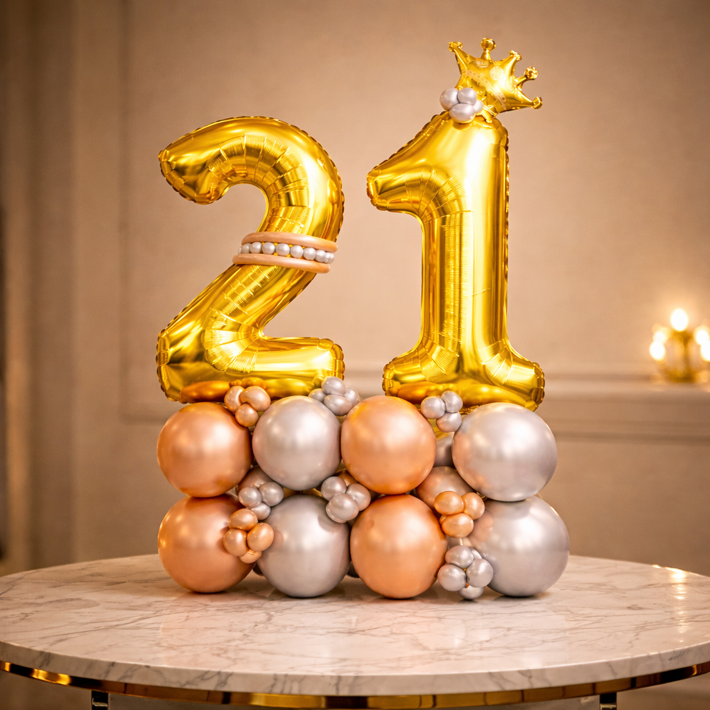 Signature 21st Birthday Large Golden Air Filled Balloon Bouquet Arrangement with Rose Gold & Silver Balloons
