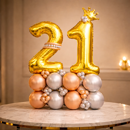 Signature 21st Birthday Large Golden Air Filled Balloon Bouquet Arrangement with Rose Gold & Silver Balloons