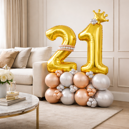 Signature 21st Birthday Large Golden Air Filled Balloon Bouquet Arrangement with Rose Gold & Silver Balloons