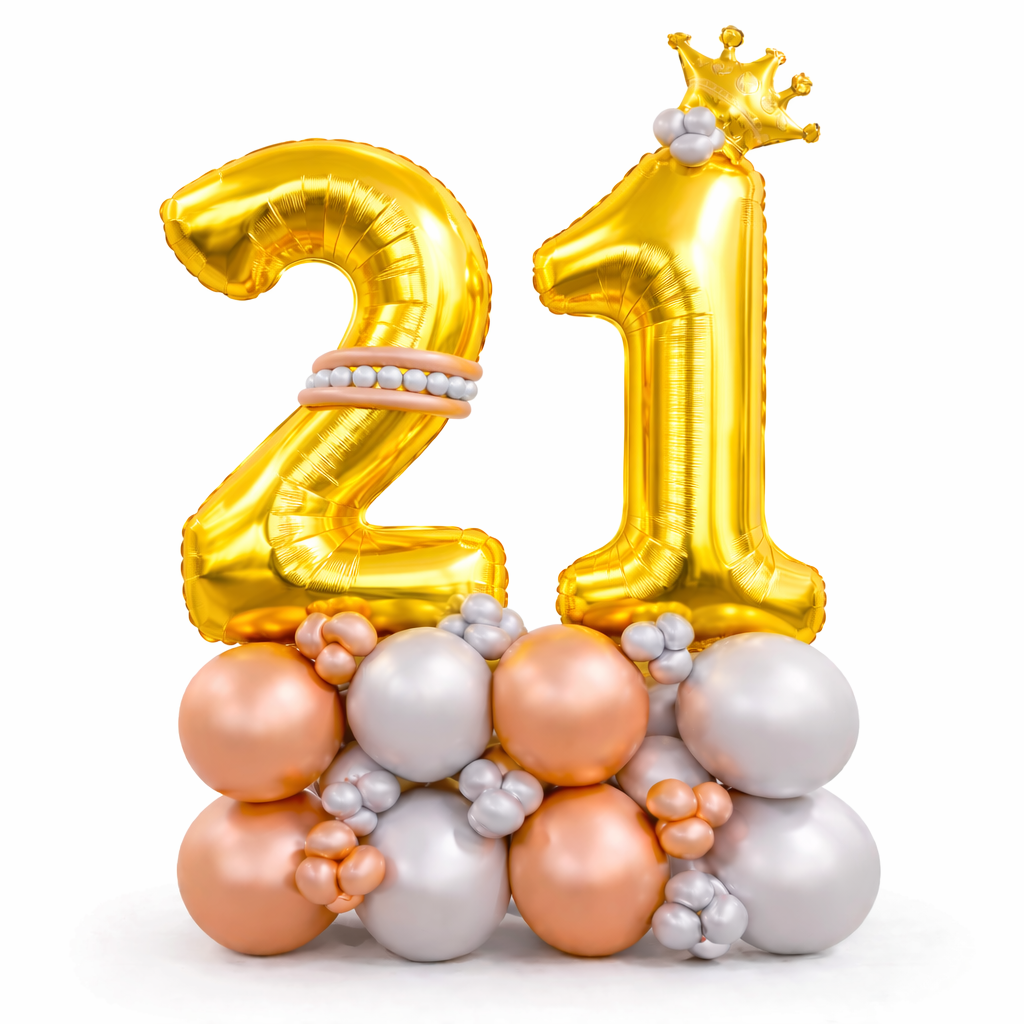 Signature 21st Birthday Large Golden Air Filled Balloon Bouquet Arrangement with Rose Gold & Silver Balloons