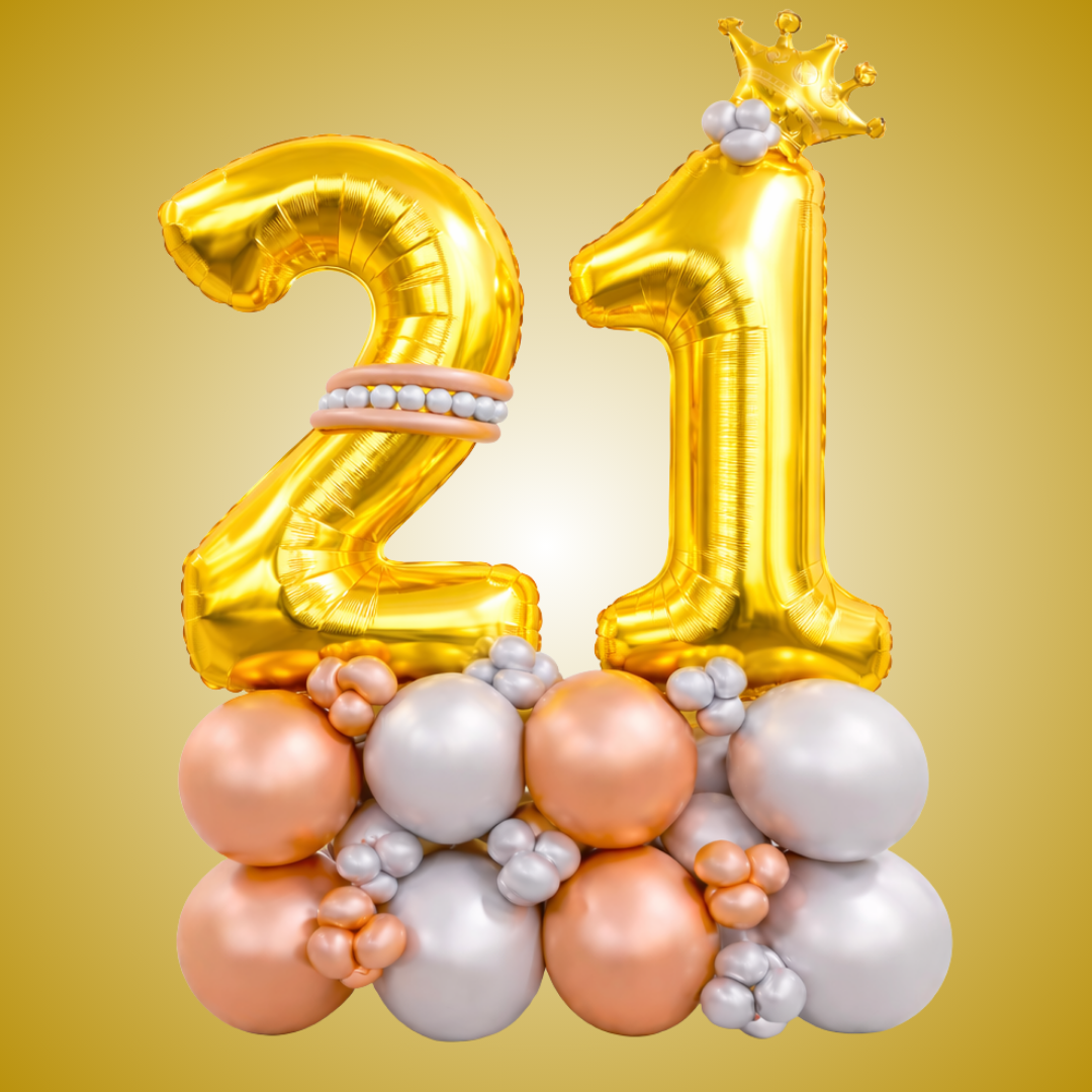 Signature 21st Birthday Large Golden Air Filled Balloon Bouquet Arrangement with Rose Gold & Silver Balloons