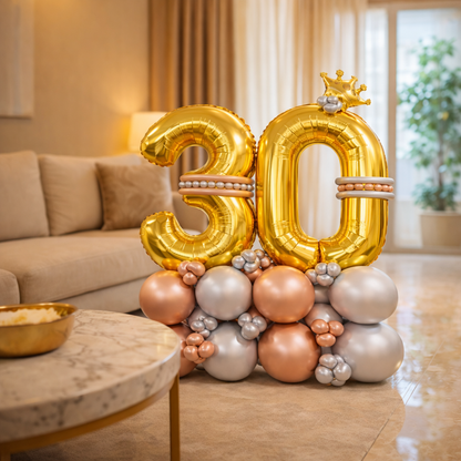 Signature 30th Birthday Large Golden Air Filled Balloon Bouquet Arrangement with Rose Gold & Silver Balloons