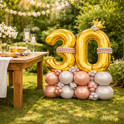 Signature 30th Birthday Large Golden Air Filled Balloon Bouquet Arrangement with Rose Gold & Silver Balloons