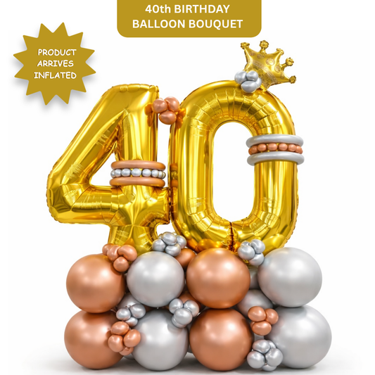 Signature 40th Birthday Large Golden Air Filled Balloon Bouquet Arrangement with Rose Gold & Silver Balloons