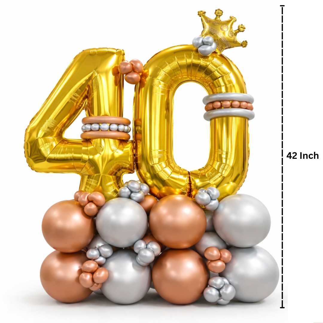 Signature 40th Birthday Large Golden Air Filled Balloon Bouquet Arrangement with Rose Gold & Silver Balloons