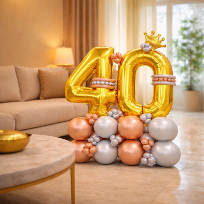 Signature 40th Birthday Large Golden Air Filled Balloon Bouquet Arrangement with Rose Gold & Silver Balloons