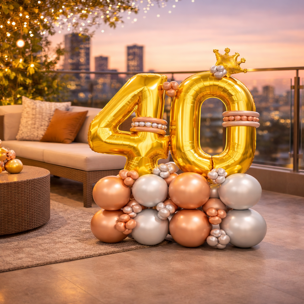 Signature 40th Birthday Large Golden Air Filled Balloon Bouquet Arrangement with Rose Gold & Silver Balloons