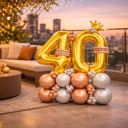 Signature 40th Birthday Large Golden Air Filled Balloon Bouquet Arrangement with Rose Gold & Silver Balloons