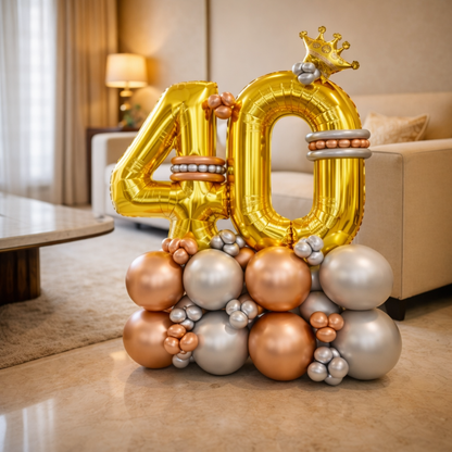 Signature 40th Birthday Large Golden Air Filled Balloon Bouquet Arrangement with Rose Gold & Silver Balloons