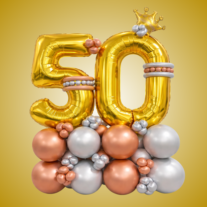 Signature 50th Birthday Large Golden Air Filled Balloon Bouquet Arrangement with Rose Gold & Silver Balloons
