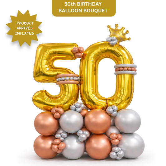 Signature 50th Birthday Large Golden Air Filled Balloon Bouquet Arrangement with Rose Gold & Silver Balloons