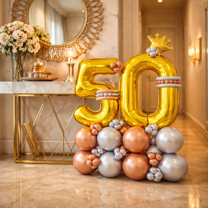 Signature 50th Birthday Large Golden Air Filled Balloon Bouquet Arrangement with Rose Gold & Silver Balloons