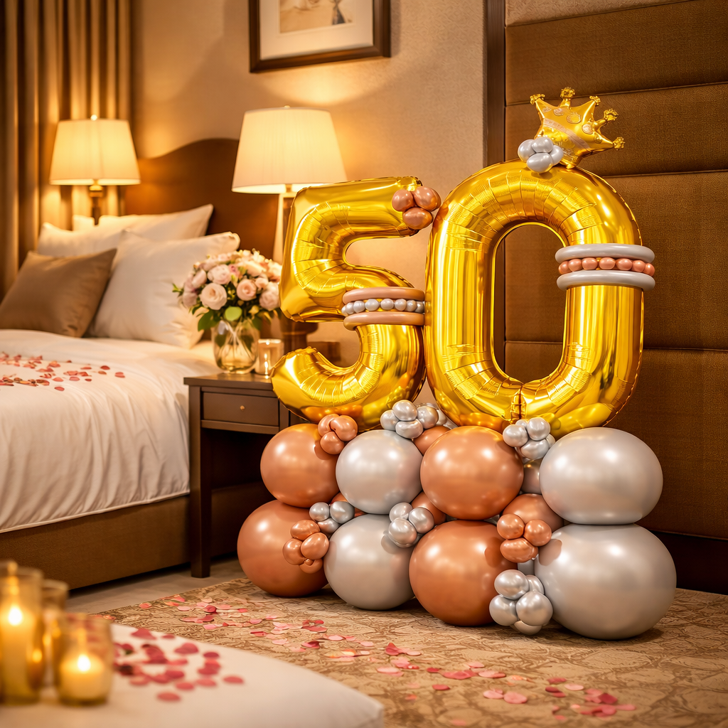 Signature 50th Birthday Large Golden Air Filled Balloon Bouquet Arrangement with Rose Gold & Silver Balloons