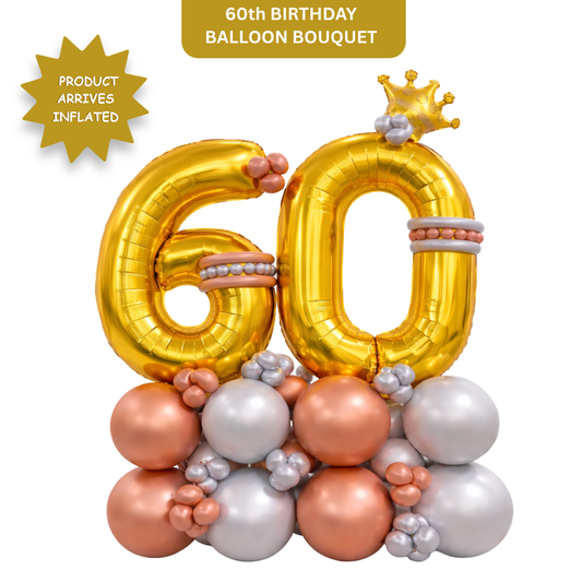 Signature Number 60 Large Golden Balloon Bouquet Arrangement with Small Crown & Silver, Rosegold Latex Balloons