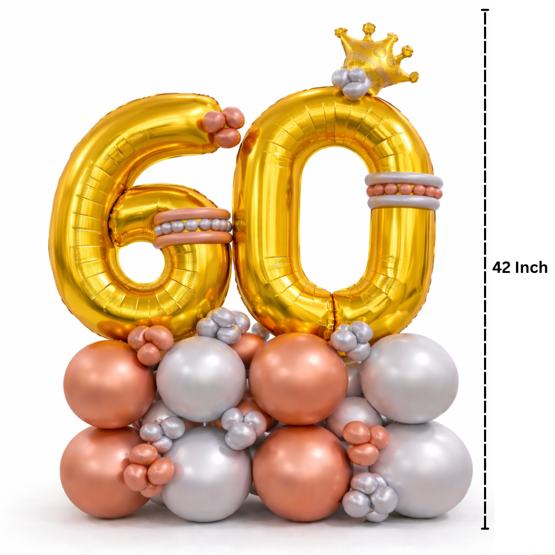 Signature Number 60 Large Golden Balloon Bouquet Arrangement with Small Crown & Silver, Rosegold Latex Balloons