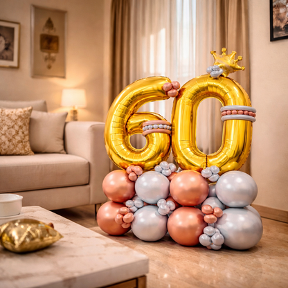 Signature Number 60 Large Golden Balloon Bouquet Arrangement with Small Crown & Silver, Rosegold Latex Balloons