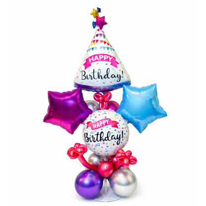 Premium Happy Birthday Balloon Bouqet on a Balloon Stand | Hat Shaped Balloon Bouqet with Pink and Blue Stars