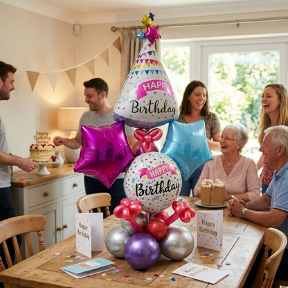 Premium Happy Birthday Balloon Bouqet on a Balloon Stand | Hat Shaped Balloon Bouqet with Pink and Blue Stars