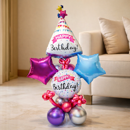 Premium Happy Birthday Balloon Bouqet on a Balloon Stand | Hat Shaped Balloon Bouqet with Pink and Blue Stars