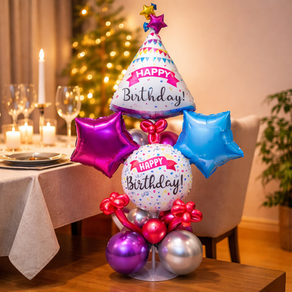 Premium Happy Birthday Balloon Bouqet on a Balloon Stand | Hat Shaped Balloon Bouqet with Pink and Blue Stars