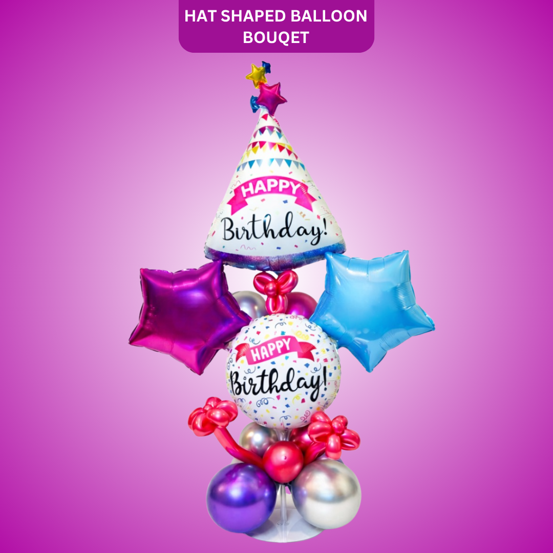 Premium Happy Birthday Balloon Bouqet on a Balloon Stand | Hat Shaped Balloon Bouqet with Pink and Blue Stars
