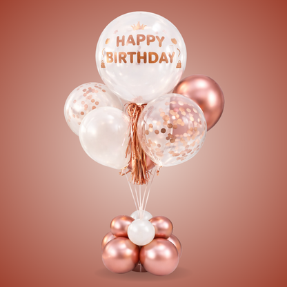 Luxurious Rose Gold BOBO Balloon with Rose Gold Confetti and Tassel | Air Filled Balloon Bouquet Arrangement on a Balloon Stand