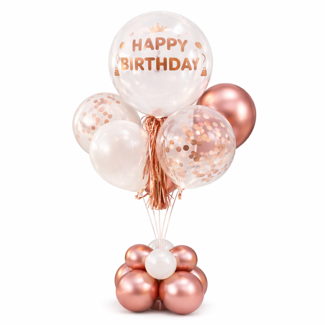 Luxurious Rose Gold BOBO Balloon with Rose Gold Confetti and Tassel | Air Filled Balloon Bouquet Arrangement on a Balloon Stand