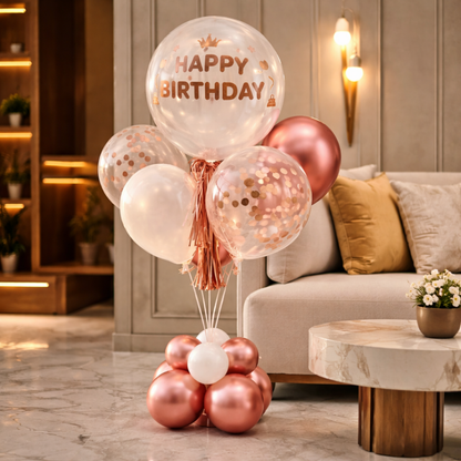 Luxurious Rose Gold BOBO Balloon with Rose Gold Confetti and Tassel | Air Filled Balloon Bouquet Arrangement on a Balloon Stand