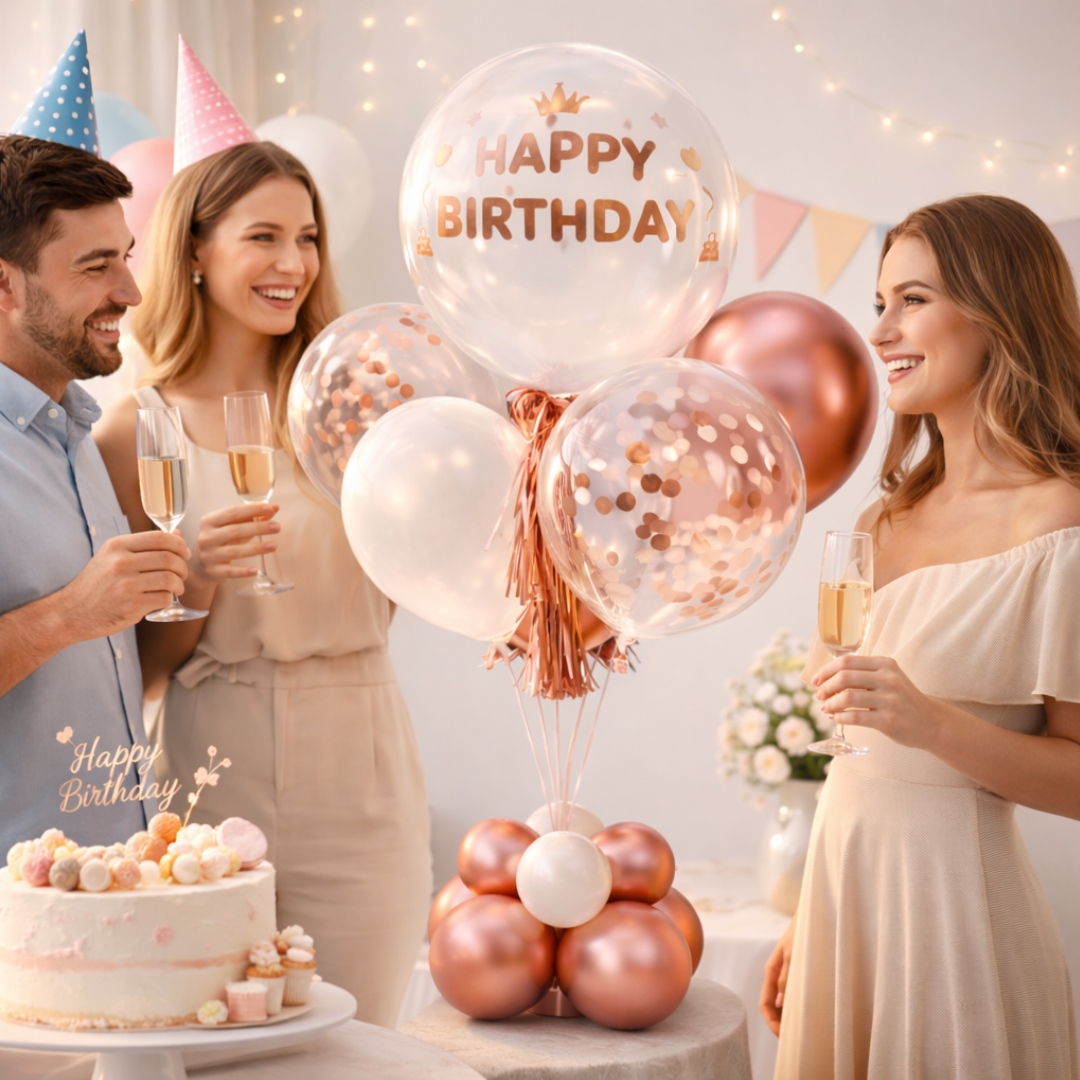 Luxurious Rose Gold BOBO Balloon with Rose Gold Confetti and Tassel | Air Filled Balloon Bouquet Arrangement on a Balloon Stand