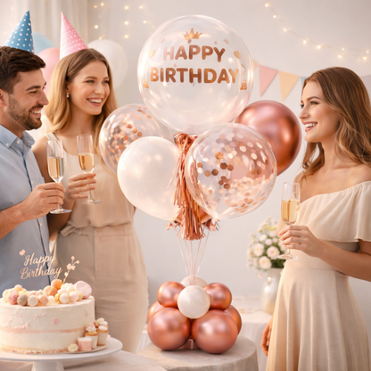 Luxurious Rose Gold BOBO Balloon with Rose Gold Confetti and Tassel | Air Filled Balloon Bouquet Arrangement on a Balloon Stand