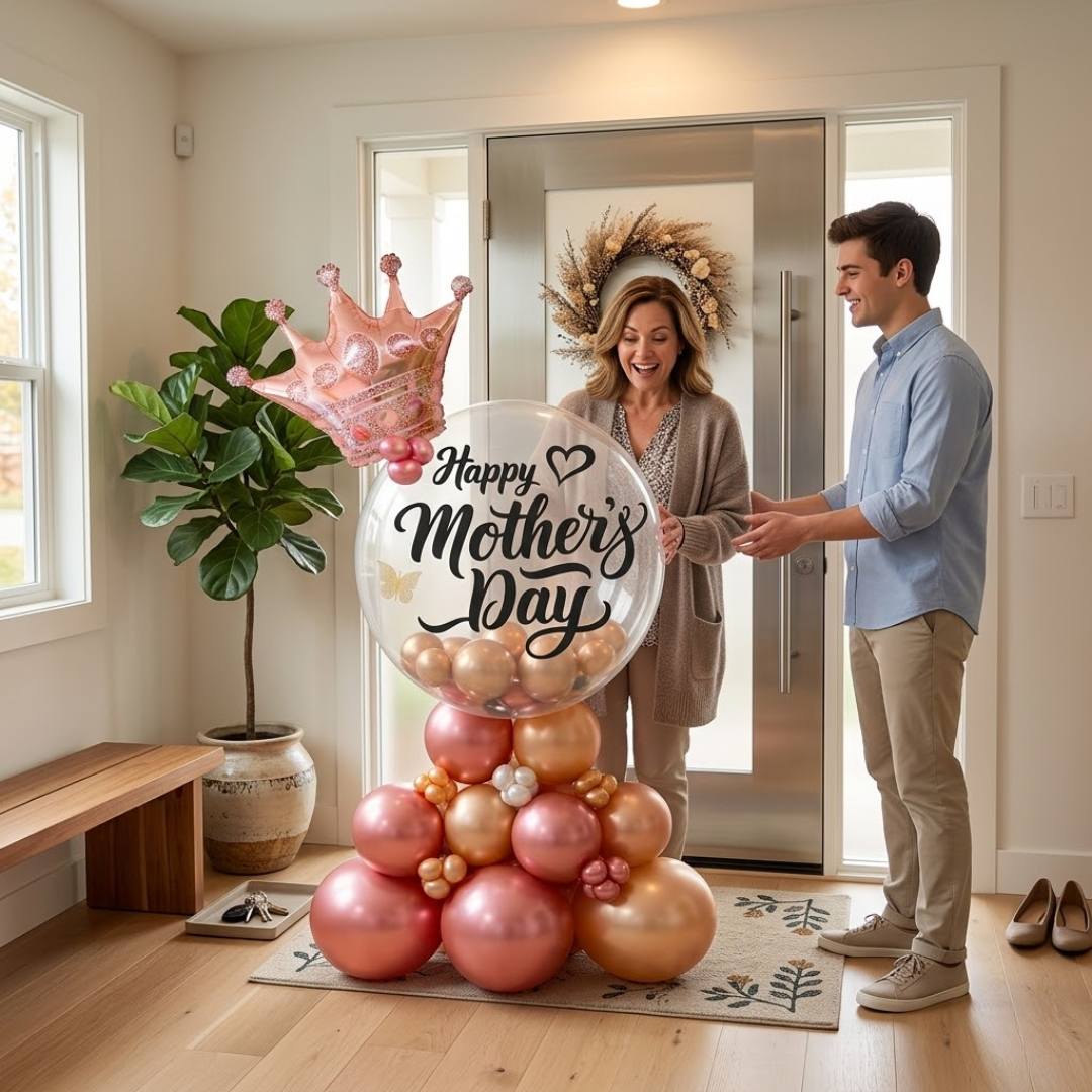 Fancy Mother's Day Balloon Bouqet Arrangement with Rose Gold Crown