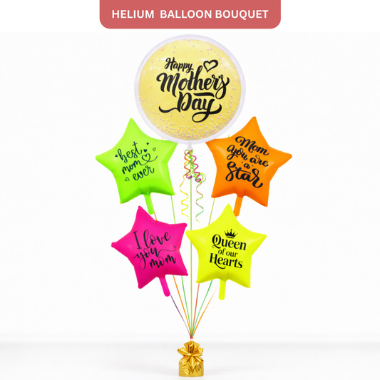 Happy Mother's Day Round Large Helium Fillled Ballon Bouquet Arrnagement with special messages printed on UV/Neon Star Ballloons