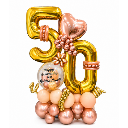 50th Anniversary Balloon Bouquet with Rose Gold Heart and Message for the Golden Couple | Air Filled and Delivers Inflated