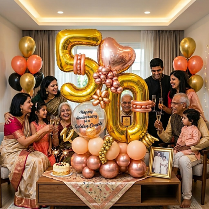 50th Anniversary Balloon Bouquet with Rose Gold Heart and Message for the Golden Couple | Air Filled and Delivers Inflated