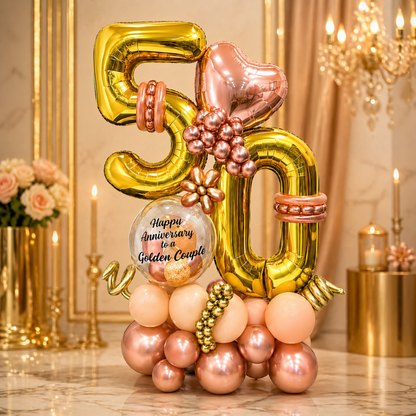50th Anniversary Balloon Bouquet with Rose Gold Heart and Message for the Golden Couple | Air Filled and Delivers Inflated