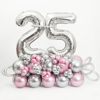 25th Birthday Silver & Pink Customization Balloon Bouquet | Air Filled and Delivers Inflated
