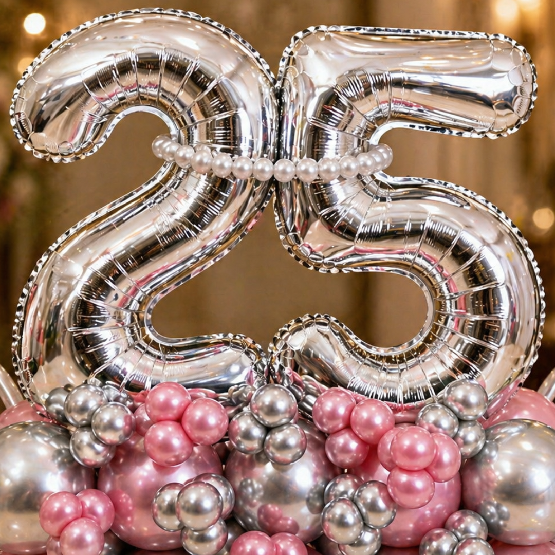 25th Birthday Silver & Pink Customization Balloon Bouquet | Air Filled and Delivers Inflated
