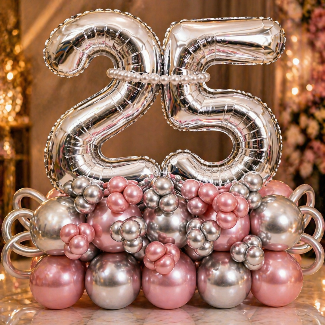 25th Birthday Silver & Pink Customization Balloon Bouquet | Air Filled and Delivers Inflated