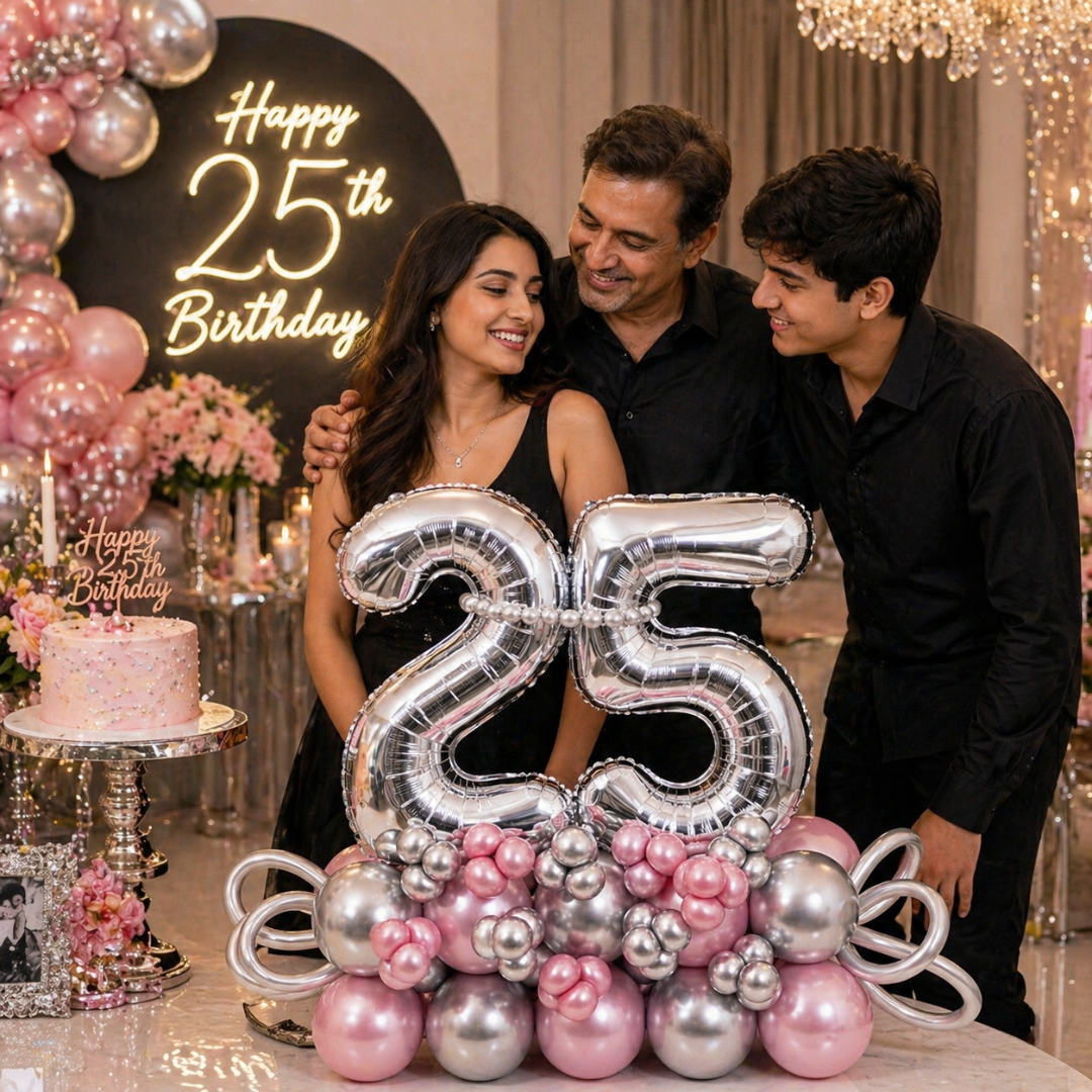 25th Birthday Silver & Pink Customization Balloon Bouquet | Air Filled and Delivers Inflated