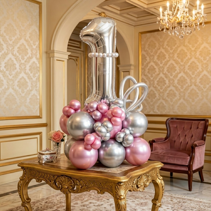1st Birthday Customization Balloon Bouquet Silver & Pink | Air Filled and Delivers Inflated