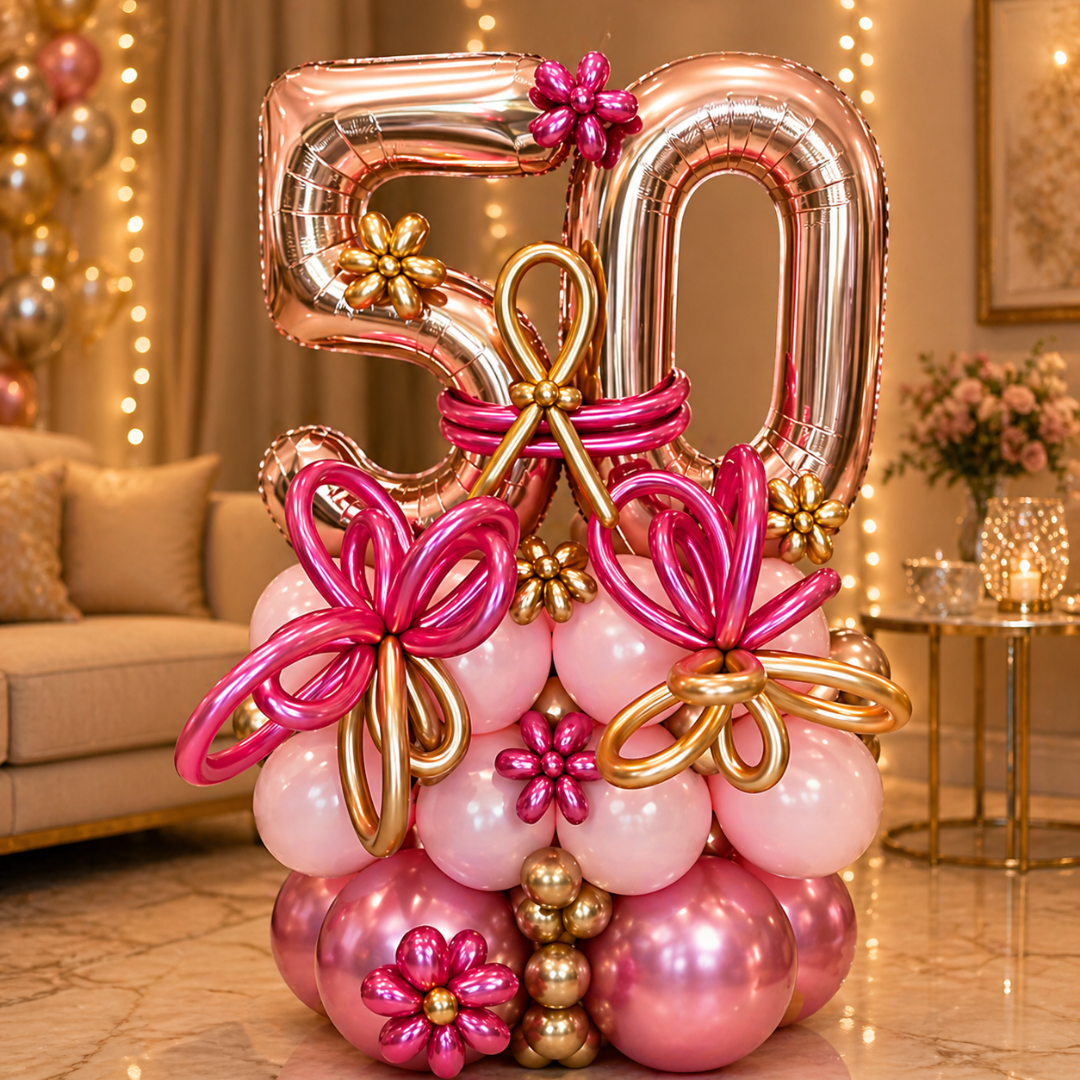 WOW 50th Birthday Rose Gold Balloon Bouquet | Air Filled and Ready Delivery