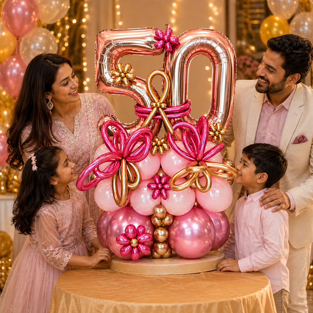 WOW 50th Birthday Rose Gold Balloon Bouquet | Air Filled and Ready Delivery