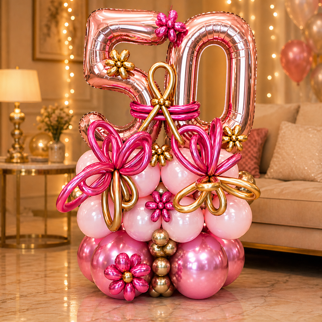 WOW 50th Birthday Rose Gold Balloon Bouquet | Air Filled and Ready Delivery