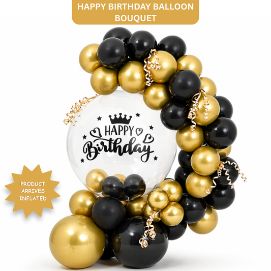 Black and Golden Transparent BOBO Happy Birthday Balloon Bouqet | Air Filled and Ready Delivery