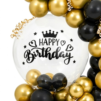 Black and Golden Transparent BOBO Happy Birthday Balloon Bouqet | Air Filled and Ready Delivery