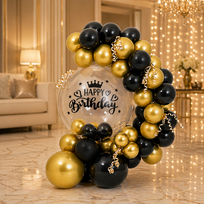 Black and Golden Transparent BOBO Happy Birthday Balloon Bouqet | Air Filled and Ready Delivery