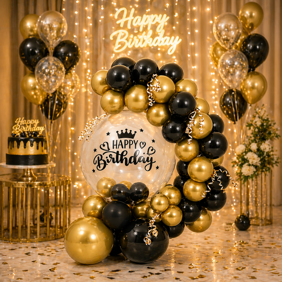 Black and Golden Transparent BOBO Happy Birthday Balloon Bouqet | Air Filled and Ready Delivery