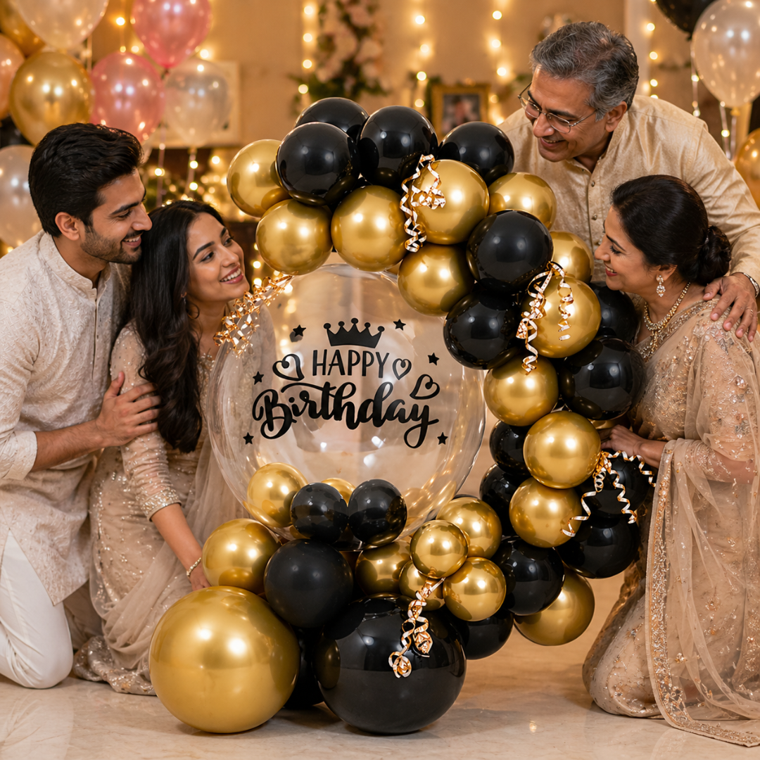 Black and Golden Transparent BOBO Happy Birthday Balloon Bouqet | Air Filled and Ready Delivery