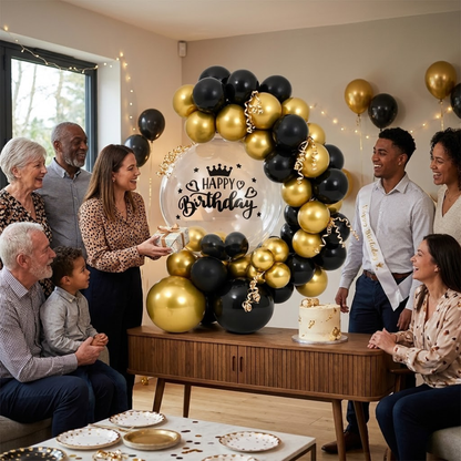 Black and Golden Transparent BOBO Happy Birthday Balloon Bouqet | Air Filled and Ready Delivery